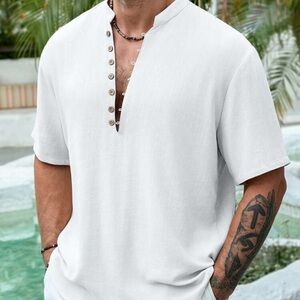 Men's Short Sleeve, Summer V-Neck Linen Breathable Solid Color, Henley Shirt